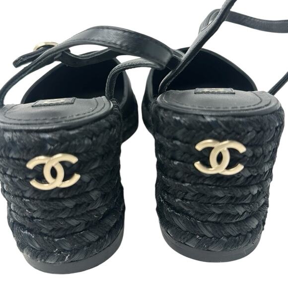 Chanel Lambskin Grosgrain CC Cap Toe Wedge Espadrilles Black Size 37 - Picture 8 of 13